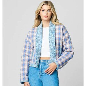 New BlankNYC Fall for You Kimono Jacket Womens XS Denim Plaid Quilted Blank NYC